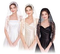 3 Pcs Mantilla Catholic Chapel Veils, Triangle Veil Cathedral Head Covering Triangle Lace Tulle Scarf Covering for Women Church Headband Floral Headwrap Latin Mass Veils for Wedding, Black,White,Beige