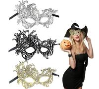 3 Pcs Masquerade Mask for Women,Lace Eye Mask,Black/Gold/Silver Sexy Masks for Women,Carnival Venetian Halloween Catwoman Masks Costume Accessories,Half Face Party Masks Adults/Ladies/Girls/Couples