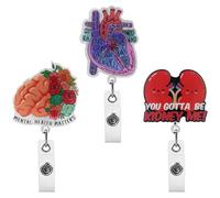 3 Pcs Medical Retractable Badge Reel Set Heart & Kidney Badge Holder | Brain Style Retractable Funny Glitter Acrylic ID Card Holder with Alligator Clip for Nurses, Doctors & Students