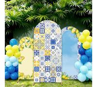 3 Pcs Mediterranean Amalfi Coast Arch Backdrop Cover 4Ft 5Ft 6Ft Blue Yellow Capri Lemon Fitted Round Top Arch Stand Cover Blue White Tile Background for Birthday Bridal Shower Wedding Party Decor