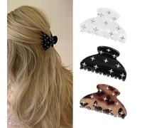 3 Pcs Medium Hair Claw Clips for Women & Girls - Sparkly Rhinestone Acrylic Jaw Clips, Strong Hold Non-Slip Hair Clamps, Fits Thick & Thin Hair (Black, White, Light Brown)