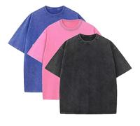 3 Pcs Men's Oversized Heavy Cotton Summer T-Shirts Vintage Tee Loose Fit Short Sleeve Casual Tshirts for Men Women, Blue + Rose + Black, Large