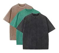 3 Pcs Men's Oversized Heavy Cotton Summer T-Shirts Vintage Tee Loose Fit Short Sleeve Casual Tshirts for Men Women, Coffee + Green + Black, Medium