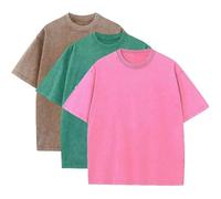 3 Pcs Men's Oversized Heavy Cotton Summer T-Shirts Vintage Tee Loose Fit Short Sleeve Casual Tshirts for Men Women, Coffee + Green + Rose, S
