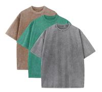3 Pcs Men's Oversized Heavy Cotton Summer T-Shirts Vintage Tee Loose Fit Short Sleeve Casual Tshirts for Men Women, Coffee + Green + Gray, Large