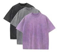 3 Pcs Men's Oversized Heavy Cotton Summer T-Shirts Vintage Tee Loose Fit Short Sleeve Casual Tshirts for Men Women, Black + Gray + Purple, XXL