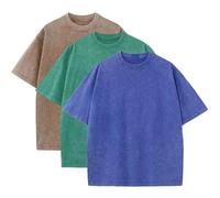 3 Pcs Men's Oversized Heavy Cotton Summer T-Shirts Vintage Tee Loose Fit Short Sleeve Casual Tshirts for Men Women, Coffee + Blue + Green, S