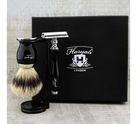 3 Pcs Men's Shaving Set in Black with Pure Sliver tip Brush,Dual Stand & De Safety Razor. Perfect Set for Everyday Use.