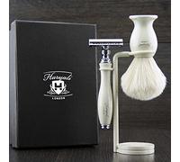 3 Pcs Men's Shaving Set in Ivory. Comes with White Badger Hair Brush,De Safety Razor & Dual Stand. Great as A Gift to Him.