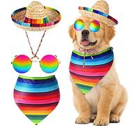 3 Pcs Mexican Sombrero Hat Pet Serape Poncho Costume - Include Multicolor Cinco De Mayo Dog Bandana Fiesta Triangle Bib, Round Sunglasses for Dog Gifts and Party Decor