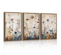 3 Pcs Minimalist Plants Dandelion Framed Canvas Wall Art Set, Blue Brown Flowers Botanical Wall Decor Nordic Rustic Style Wall Painting Art Prints Pictures for Living Room Bedroom Office 30X40cmX3