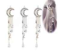 3 Pcs Moon Crystal Hair Clip Bridal Jewelry Rhinestone Beads Dangle Hairpin Tassels Hair Accessories for Women Wedding Valentine's Day (3PCS)