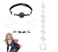 3 Pcs Mouth Ball Gag with Nipple Clamps & Anal Plugs Beads Sex BDSM Set, Adjustable Leather Straps Bondage Restraints Sex Toys for Women Men Adult Couples SM Games
