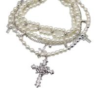 3 Pcs Multilayer Pearl Necklace for Women Cross Rose Collar Choker Statement Necklaces, Standard, Faux pearl, No Gemstone