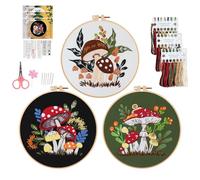 3 Pcs Mushroom Embroidery Kit, Hand Embroidery Kits with Mushroom Patterns for Beginners Adults with Hoop Needle Art Craft Handy Sewing Set