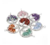 3 Pcs Natural Round Small Crushed Stone Pendant Wire Wrapped Life Tree Crystal Agate Necklace Pendant for DIY Necklace Bracelet Jewelry Making