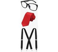 3 Pcs Nerd Costume Set Includes Black Nerd Glasses Red Solid Color Tie Formal Necktie Solid Suspender Halloween Classic Cinema Reporter Nerd Cosplay Accessories Set for Men Cosplay Party Dress up