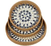 3 pcs of wicker round decorative trays, inlaid with mother-of-pearl, handcrafted Bohemian bread baskets, suitable for home decoration, bathroom and kitchen organization wicker trays (Black grid)