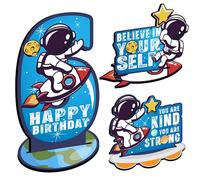 3 Pcs Outer Space 6th Birthday Number Sign Centerpiece, Space Astronaut Theme 6th Number Stand Sign, Space 6th Birthday Wooden Tiered Tray Table Home Decoration (Double-Sided)
