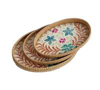 3 Pcs Oval Rattan Woven Tray Basket with Mother of Pearl Inlay, Kitchen Home Decoration Wicker Table Rattan Serving Tray for Table Decor, Storage Display Jewelry (2#)