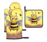 3 Pcs Oven Mitts Pot Holders Set Heat Resistant Waterproof Kitchen Oven Glove with Pot Holders Bee on The Square Non Slip Cooking Gloves for Baking Cooking Grilling BBQ