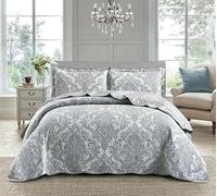 3 PCS Patchwork Bedspread Quilted Bed Throw Single Double King Size Bedding Set (Damask Grey, Double)