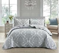 3 PCS Patchwork Bedspread Quilted Bed Throw Single Double King Size Bedding Set (Damask Grey, Single)