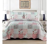 3 PCS Patchwork Bedspread Quilted Bed Throw Single Double King Size Bedding Set (Floral Grey, Double Bedspread Set)