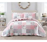 3 PCS Patchwork Bedspread Quilted Bed Throw Single Double King Size Bedding Set (Floral Grey, King)