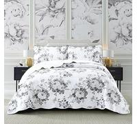 3 PCS Patchwork Bedspread Quilted Bed Throw Single Double King Size Bedding Set (Vintage Floral Grey, King)