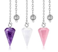 3 Pcs Pendulum Crystal, Natural Amethyst Crystal Rose Quartz & Green Crystal Pendulum Gemstones, Crystal Angel Pointed with Chain 19 cm, Gemstones Gifts for Friends