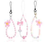 3 PCS Pink Bow Cute Beaded Phone Charm Strap, Aesthetic Y2K Cellphone Keychain Butterfly Flower Mobile Phone Wrist Strap Chain String for Women Bracelet Bag Keychain Camera Decor Anti-Lost Lanyard