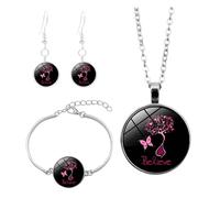 3 Pcs Pink Ribbon Breast Cancer Awareness Necklace Bracelet Earrings Set for Women Girls Rose Flower Breast Cancer Awareness Jewelry Courage Support October Pink Bracelets Sets (Purple, 10x10x3cm)