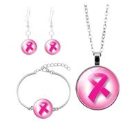 3 Pcs Pink Ribbon Breast Cancer Awareness Necklace Bracelet Earrings Set for Women Girls Rose Ribbon Breast Cancer Awareness Jewelry Courage Support October Pink Bracelets (Dark Blue, 10x10x3cm)