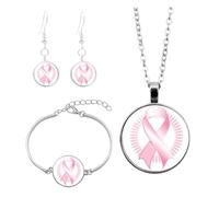 3 Pcs Pink Ribbon Breast Cancer Awareness Necklace Bracelet Earrings Set for Women Girls Rose Ribbon Breast Cancer Awareness Jewelry Courage Support October Pink Bracelets Sets (Blue, 10x10x3cm)