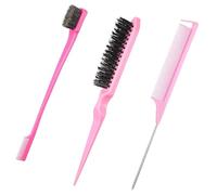 3 Pcs Pink Slick Back Hair Brush, Plastic Bristle With Opp Bags, Double Sided Edge Rat Tail Comb, Teasing Back Comb for Hairdresser, Women, Men, Baby, Kids