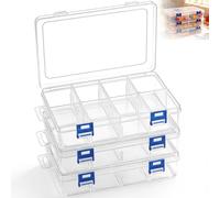 3 Pcs Plastic Storage Boxes with Lid, Organiser with 8 Grids Adjustable Dividers, Jewellery Organizer Box, Containers with Compartments for Craft,Beads,Earrings, Fishing Small Accessories,Tool (Clear)