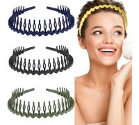 3 Pcs Plastic Tooth Headband Cirls Headbands,Plastic Hair Tooth Headband for Women Girls Black Wavy Hair Band Bands Adult Women's Tooth Comb Headbands (Dark black and blue-green, 15 * 25 * 3.5)