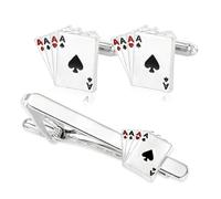 3 pcs Poker Tie Bar Cufflinks Jewelry Set for Men Silver Plated Dainty Spade Aces Cards Holiday Birthday Party Dress Accessories Jewelry