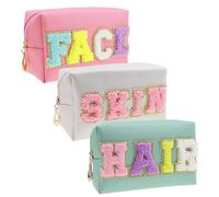 3 Pcs Preppy Patch Makeup Bag, Travel Cosmetic Bag with Chenille Letter, Nylon PU Leather Waterproof Makeup Bag with Zipper, Skin Hair Face Toiletry Bags for Women, Students, Girls
