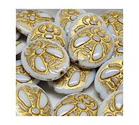 3 pcs Pressed Czech Glass Beads bee 28 x 18 mm, White Golden Relief