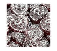 3 pcs Pressed Czech Glass Beads Rose Inside Heart 17 x 17 mm, Red Silver Coating