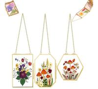 3 Pcs Pressed Flower Frames,Wall Hanging Tabletop Display Double Glass Frames with Metal Chain for Pressed Dried Flowers Plants,Floating Photo Frame for Artwork Display Modern Home Decor (Gold)