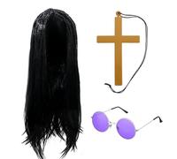 3 Pcs Prince of Darkness Accessory Set, Includes Black Long Wig, Round Hippy Glasses and Cross Necklace, 70s 80s Rock Star Costume for Adults, Costume Accessories for Fancy Dress Parties, Halloween