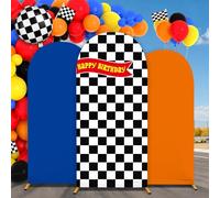 3 Pcs Racing Theme Arch Backdrop Cover 4ft 5ft 6ft Black and White Chiara Hot Car Spandex Fitted Arch Backdrop Stand Covers Race Car Birthday Party Decor for Racing Birthday Baby Shower Party Supplies