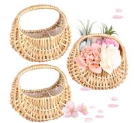 3 Pcs Rattan Flower Baskets, Small Half-Moon Wicker Baskets with Handles & Plastic Lining for Wedding, Handheld Willow Straw Woven Baskets for Home Decor, Sturdy Picnic Baskets