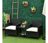 Outsunny 3 PC Outdoor Rattan Sofa Set with Chairs Coffee Table Cushion - Black - Steel, PE rattan, Polyester, Tempered glass - 63cm x 68cm x 78cm