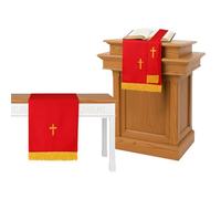3 Pcs Reversible Parament Set Clergy Table Runner,Bookmark Pulpit Scarf and Gold Cross Church Pulpit Accessories, Catholic Altar Cloth Communion Sets for Churches (Red and White)