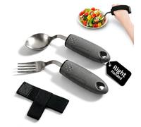 3 Pcs Right Handed Adaptive Cutlery for Adults, Angled Spoon and Fork with Fixing Strap - Easy Grip Disabled Cutlery for Arthritic Hands, Parkinson’s, Hand Tremors & Elderly