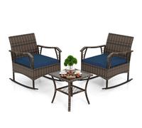 3 Pcs Rocking Bistro Set Outdoor Pe Wicker Conversation Set Navy